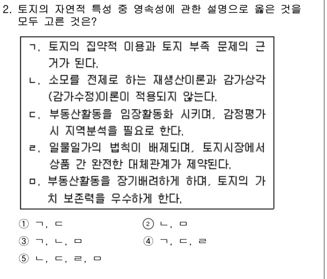 2015년 부동산학개론 2번 문제 (보기 포함 이미지)