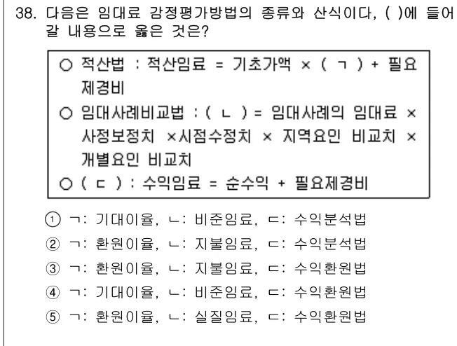 2016년 부동산학개론 38번 문제 (보기 포함 이미지)