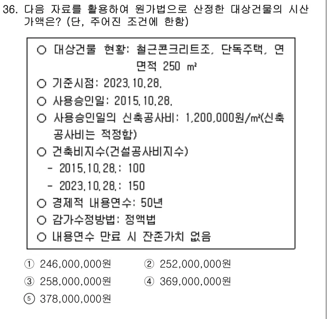 2023년 부동산학개론 36번 문제 (보기 포함 이미지)