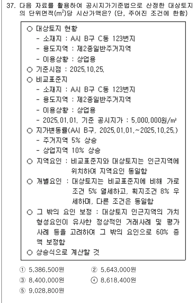 2025년 부동산학개론 37번 문제 (보기 포함 이미지)