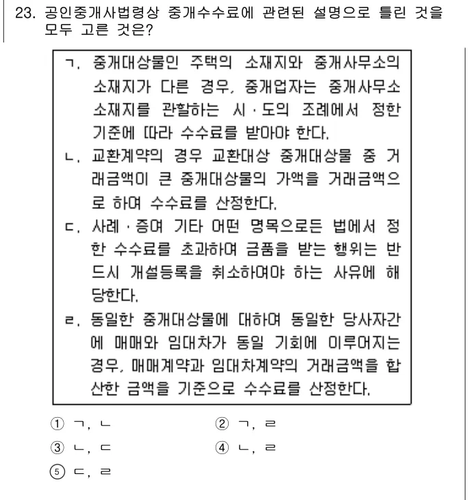 2012년 공인중개사법·중개실무 23번 문제 (보기 포함 이미지)